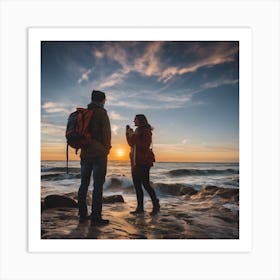 Couple At The Beach At Sunset Art Print