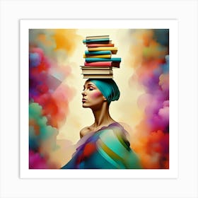 Colorful Woman with Books in Artistic Poise Art Print