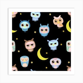 Cute Owl Doodles With Moon Star Seamless Pattern Art Print