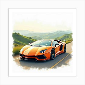 Lamborghini Sián With A Watercolor Backdrop Of Rolling Hills 1 1 Art Print