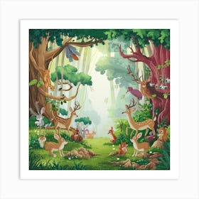 Cartoon Forest With Animals Art Print