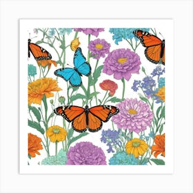 Colorful Butterflies And Flowers Art Print