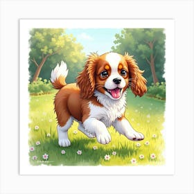 A Happy Cavalier King Charles Spaniel Playing In A Sunny Garden, Watercolor 1 Art Print