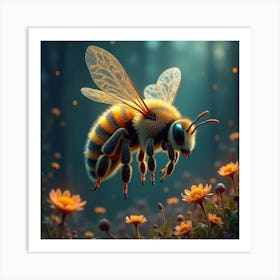 A Whimsical Bee With A Body Of Fractal Patterns Hovering Over A Surreal, Glowing Garden Art Print