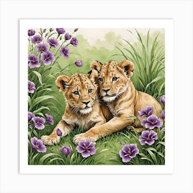 Lion Cubs Playing In The GardenLion Playing In The Art Print