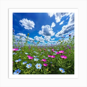 Flower Field With Blue Sky And Clouds Art Print