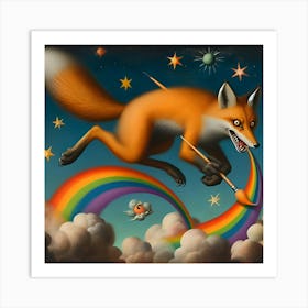 A Stealthy Fox With A Paintbrush That Shoots Rainbows, Inspired By The Fantastical Paintings Of Hieronymus Bosch 1 Art Print