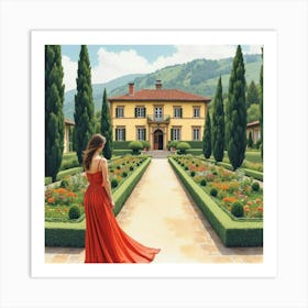 Elegant Italian Woman In Watercolor, At A Luxurious Tuscan Villa Garden Art Print