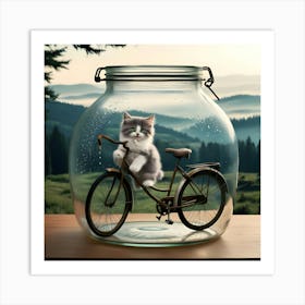 A Serene And Cinematic Photograph Of A Adorable Grey Cat On A Bike In A Glass Jar 3 Art Print