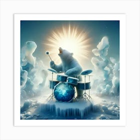 A Booming Bear Playing A Drum Set Made Of Ice, Inspired By The Organic And Biomorphic Forms Of Jean Arp, With A Frozen Blue And White Palette, Where The Drum Set Is In Focus And The Surrounding Landscape 3 Art Print