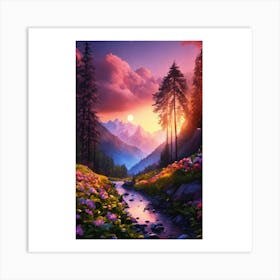 Mountain Stream At Sunset Art Print