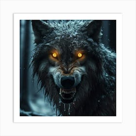A fierce and battle-scarred lone wolf stands tall in the midst of a raging blizzard. Its fur is matted and covered in snow, and its eyes are a deep, piercing yellow that seem to glow in the darkness. The wolf's teeth are bared in a snarl, and its claws are unsheathed and dripping with blood. It is clear that this wolf is a force to be reckoned with, and that it will not back down from a fight. In the background, a dark and sinister forest looms, adding to the sense of danger and mystery. Art Print