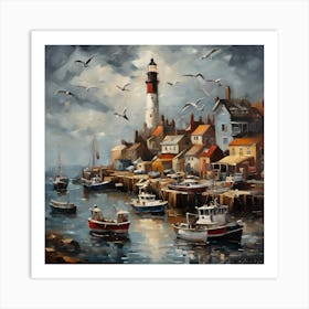 Oil painting of a bustling harbor town, with fishing boats, seagulls, and a lighthouse in the background, high contrast, dramatic lighting, heavily textured brushstrokes Art Print