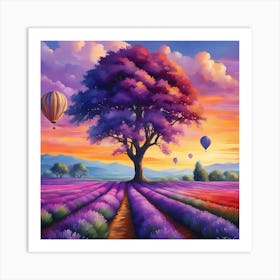 Lavender Field With Hot Air Balloons Art Print