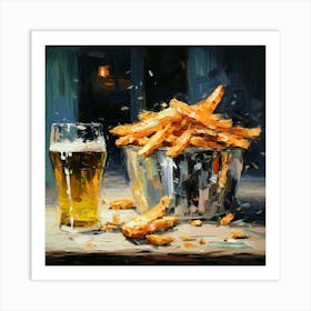 One Beer And French Fries Badge Hand Drawn Oil 0 Art Print