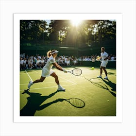 Tennis Match Underway Sunlight Casting Dynamic Shadows On The Green Court Players Poised Mid Swing (3) Art Print