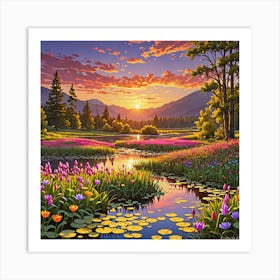 Sunset Over A Pond Art Print