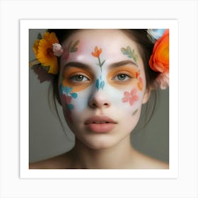 Beautiful Woman With Flowers On Her Face 1 Art Print