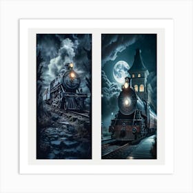 Train In The Night,Moonlit Journey: A Gothic Train Adventure Art Print