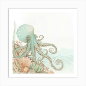 Storybook Style Octopus Exploring The Ocean 2 Art Print