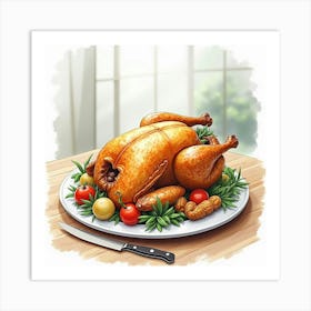 Watercolor Scene Of A Classic And Savory Roast Chicken With Vegetables On A Modern Dining Table Art Print