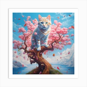 Cat In Cherry Blossom Tree Art Print