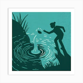 Man Throwing A Fish Into A Pond Art Print