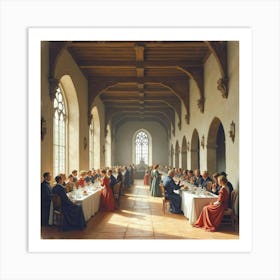 Watercolor Scene Of An English Castle Banquet Hall With Guests Dining And Socializing 1 Art Print