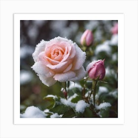 Pink Roses In The Snow Art Print