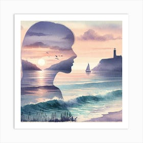 Silhouette Of A Woman At Sunset Art Print