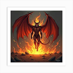 Demon Bursting Through The Ground, Surrounded By Flames 1 Art Print