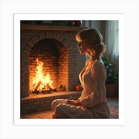 Taylor Swift Singing By A Fireplace, Watercolor Flames Softly Glowing Art Print