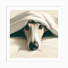 Whippet / Greyhound Snoozing Under Blanket / Peaking Sighthound in Neutral Tones Art Print