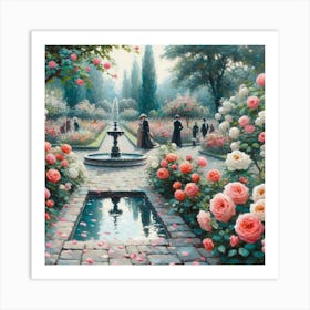 Rose Garden With The Fountain, Acrylic Style Painting 24 Art Print