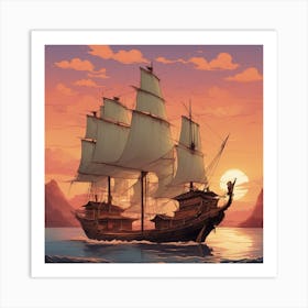 An Intricately Designed And Visually Stunning Illustration Of A Traditional Chinese Junk Boat Sailin Art Print