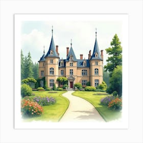 Watercolor Of The Mount Stuart In Scotland, Capturing Its Grand Design And Beautiful Gardens Art Print