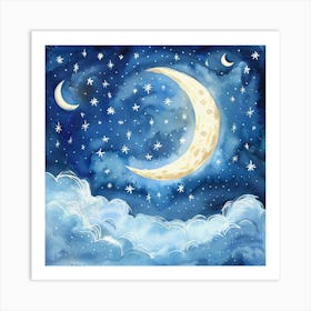 Watercolor Night Sky With Moon And Stars Art Print