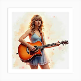 Watercolor Image Of Taylor Swift With A Guitar, Surrounded By Glowing Stars Art Print