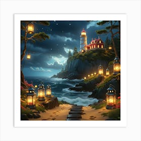 Lighthouse At Night 1 Art Print