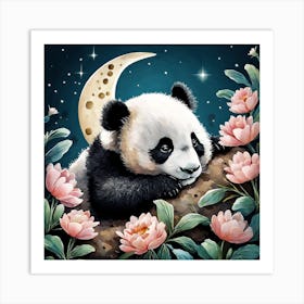 Cute Floral Panda Moon Painting (3) Art Print