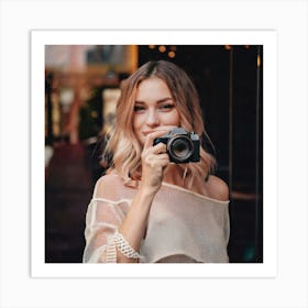 Firefly Young Lady, Posing, Camera, Blurry Effect, Shop Window, Retro Style, Minimal Colors, Soft Fo (10) Art Print