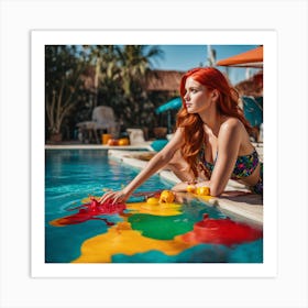 A Red Hair Girl Is Taking In The Pool Which Is Full Of Colorful Paint 240148678 Art Print