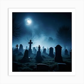 Cemetery Scene On A Halloween Night With Fog And Ghostly Silhouettes Against The Night Sky Haunted (1) Art Print