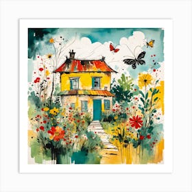 Playful Watercolour Butterflies in Cottage Garden Art Print