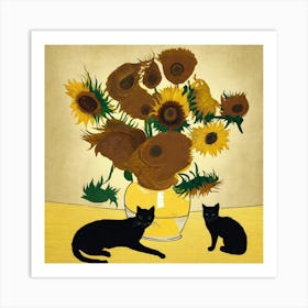 Sunflowers And Cats Art Print