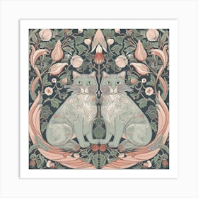 William Morris  Inspired  Classic Cats Pink And Sage Square Art Print