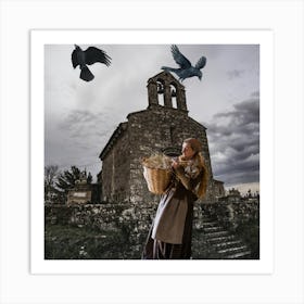 Woman With Basket In Front Of Church Art Print