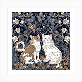 William Morris Inspired   Classic Cats Brown And White Blue Kittens Square Art Print