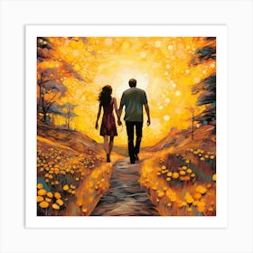 Couple Walking In The Field Art Print