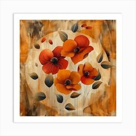 Abstract Painting Of Orange Poppies In A Circular Frame On A Textured Background Art Print